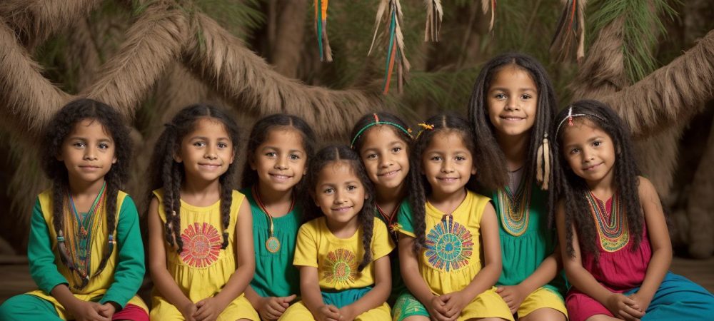 Imagem vibrante mostrando a educação indígena como celebração de saberes e culturas, com símbolos e elementos visuais que representam a valorização da identidade e tradições dos povos indígenas.