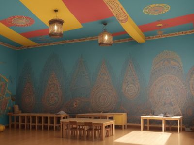 Ilustração de sala de aula com elementos da cultura indígena, promovendo a educação inclusiva e a valorização dos saberes tradicionais. O curso online de Educação Indígena.