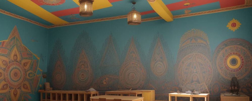 Ilustração de sala de aula com elementos da cultura indígena, promovendo a educação inclusiva e a valorização dos saberes tradicionais. O curso online de Educação Indígena.