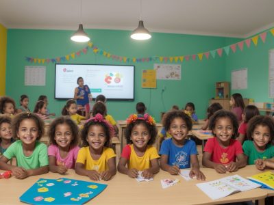 Crianças interagindo em sala de aula de educação infantil, utilizando materiais educativos coloridos e alegres, com foco em desenvolvimento e aprendizado.