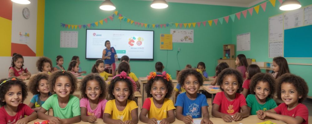 Crianças interagindo em sala de aula de educação infantil, utilizando materiais educativos coloridos e alegres, com foco em desenvolvimento e aprendizado.