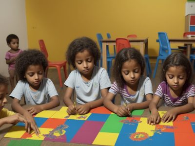 Crianças em sala de aula de educação infantil explorando e aprendendo através de atividades lúdicas e interativas.