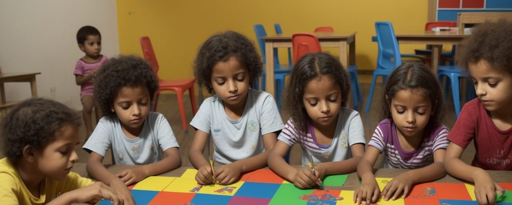 Crianças em sala de aula de educação infantil explorando e aprendendo através de atividades lúdicas e interativas.