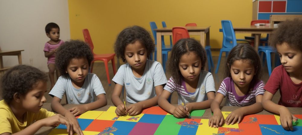 Crianças em sala de aula de educação infantil explorando e aprendendo através de atividades lúdicas e interativas.