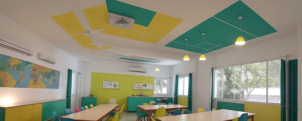Uma sala de aula dinâmica com alunos envolvidos em atividades de educação integral, demonstrando um currículo integrado e engajador.