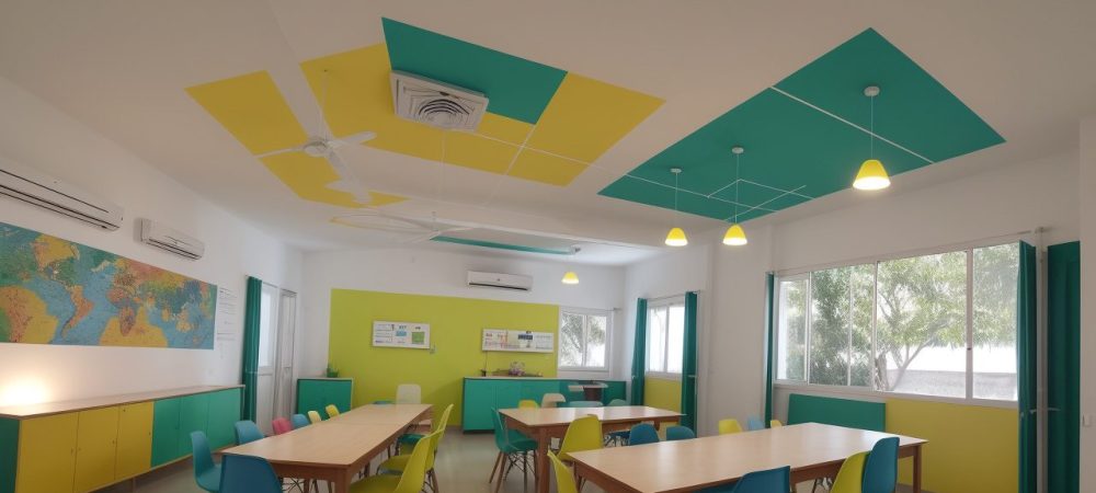 Uma sala de aula dinâmica com alunos envolvidos em atividades de educação integral, demonstrando um currículo integrado e engajador.