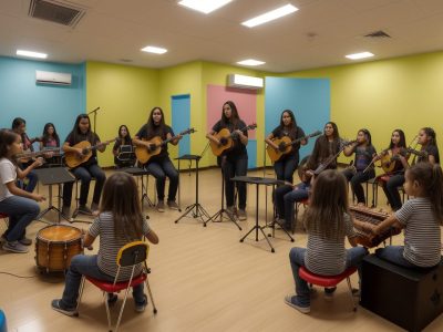 Crianças tocando instrumentos e se divertindo em uma aula de educação musical, incentivando a criatividade e expressão.