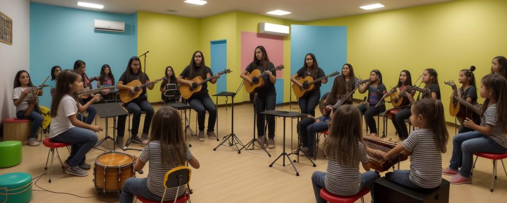 Crianças tocando instrumentos e se divertindo em uma aula de educação musical, incentivando a criatividade e expressão.