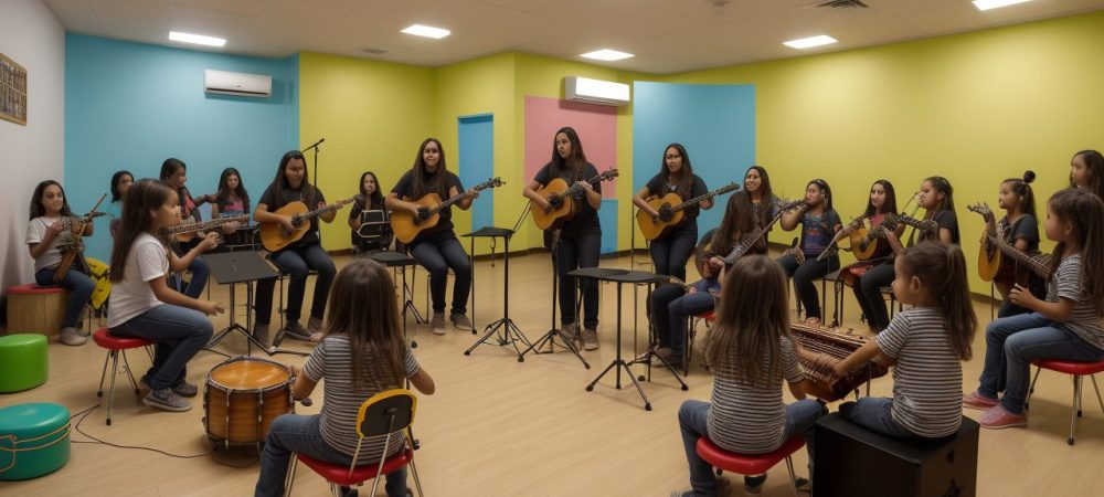 Educação Musical: Criatividade e Expressão na Sala de Aula Crianças tocando instrumentos e se divertindo em uma aula de educação musical, incentivando a criatividade e expressão.