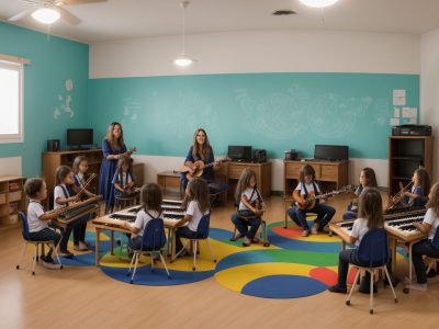 Crianças participando de atividades de educação musical em sala de aula, com instrumentos e notas musicais