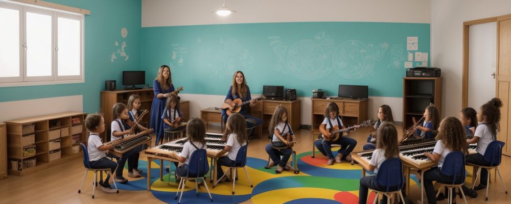 Crianças participando de atividades de educação musical em sala de aula, com instrumentos e notas musicais