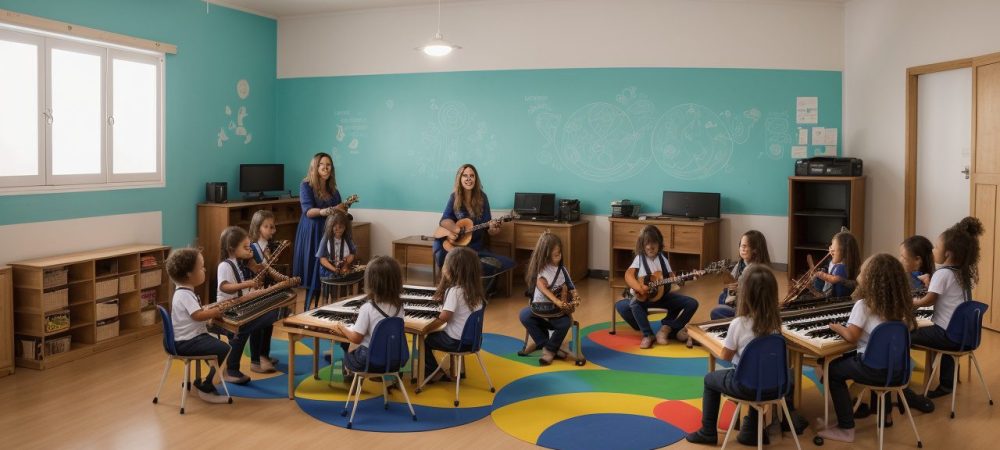 Crianças participando de atividades de educação musical em sala de aula, com instrumentos e notas musicais