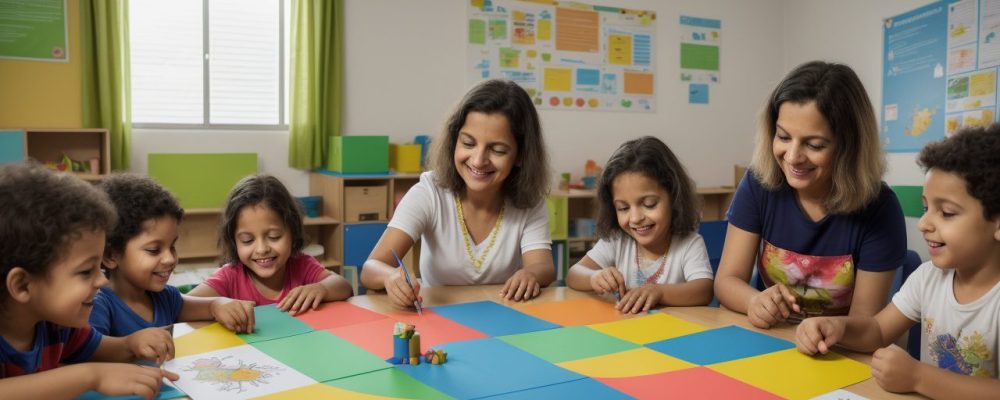 Crianças aprendendo em sala de aula, desenvolvendo pensamento crítico e criatividade através da Educação Para o Pensar.