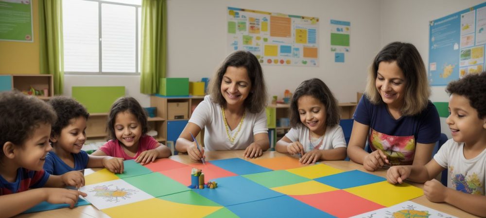 Crianças aprendendo em sala de aula, desenvolvendo pensamento crítico e criatividade através da Educação Para o Pensar.