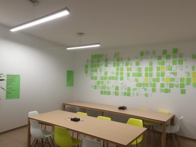 Sala de aula dinâmica com alunos engajados em atividades de Educação Para o Pensar, estimulando o pensamento crítico e a criatividade.