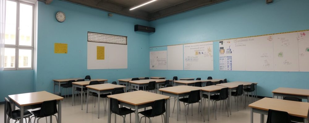 Ilustração de sala de aula em unidade prisional, mostrando educação e ressocialização em ação.