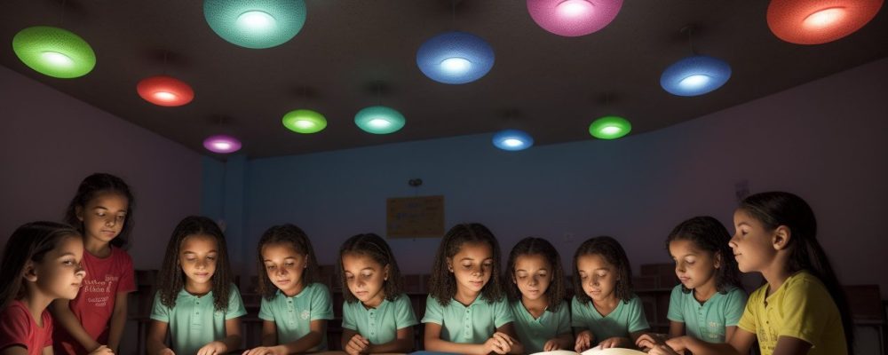 Crianças em sala de aula aprendendo sobre educação religiosa, com foco em valores e ética, em um ambiente acolhedor e inclusivo.