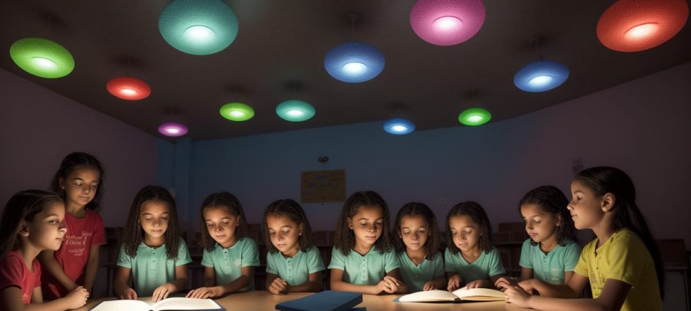 Crianças em sala de aula aprendendo sobre educação religiosa, com foco em valores e ética, em um ambiente acolhedor e inclusivo.