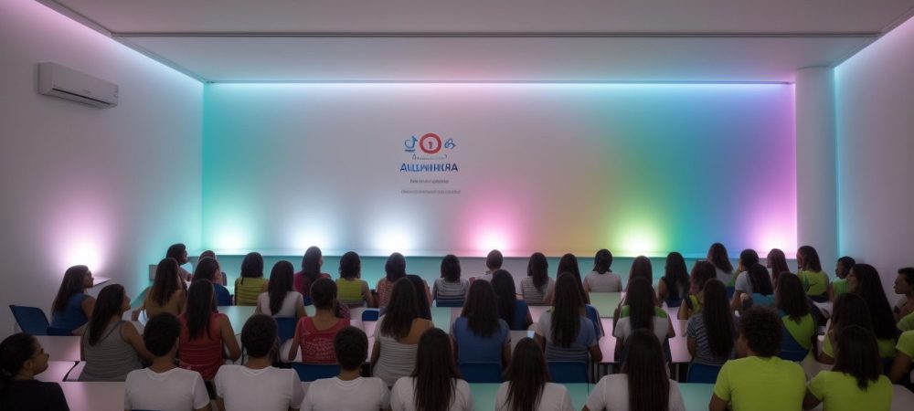 Imagem de uma sala de aula com pessoas com deficiência e educadores discutindo educação sexual inclusiva e autonomia sexual