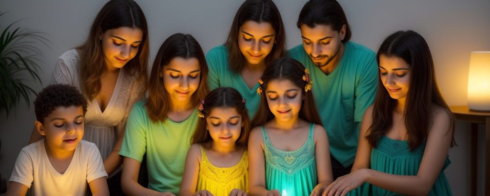 Ilustração de pais conversando com crianças sobre o corpo humano e educação sexual, promovendo diálogo e autoconhecimento.