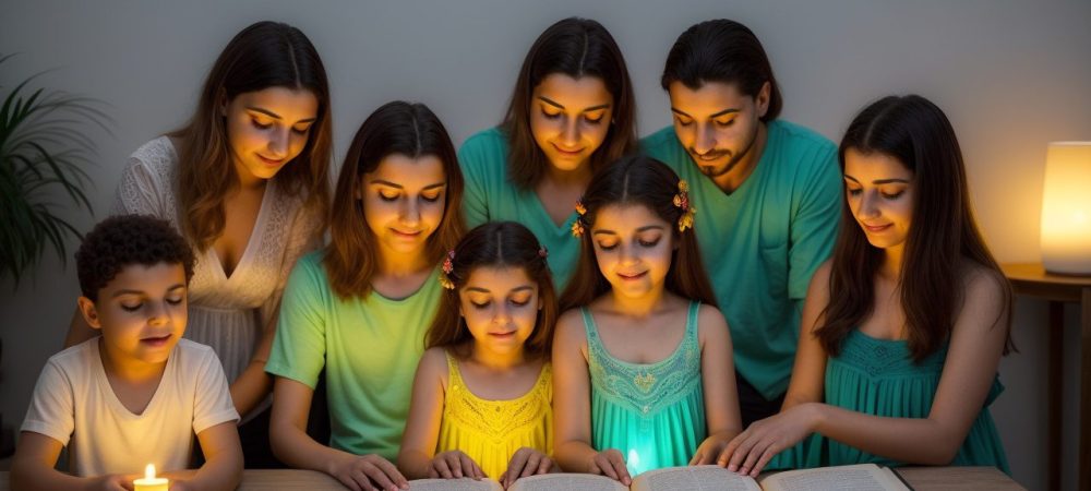 Ilustração de pais conversando com crianças sobre o corpo humano e educação sexual, promovendo diálogo e autoconhecimento.