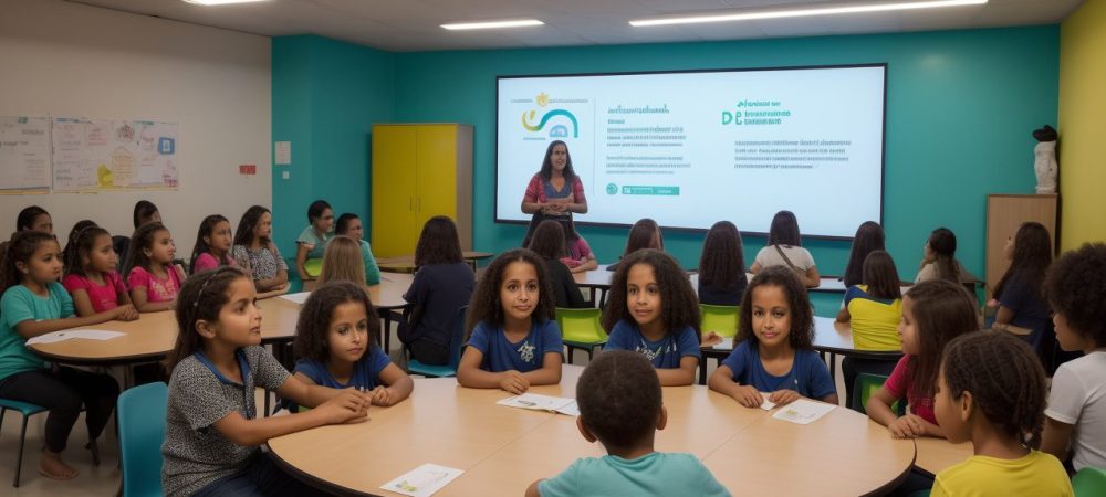 Sala de aula com alunos adultos empenhados em atividades práticas na Educação de Jovens e Adultos