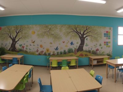 Crianças em sala de aula na zona rural aprendendo sobre educação do campo e sustentabilidade, com mapas e projetos.