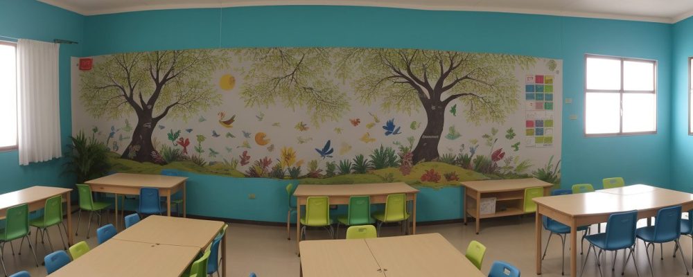 Crianças em sala de aula na zona rural aprendendo sobre educação do campo e sustentabilidade, com mapas e projetos.