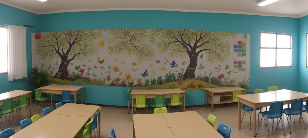 Crianças em sala de aula na zona rural aprendendo sobre educação do campo e sustentabilidade, com mapas e projetos.