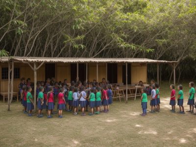 Crianças e educadores engajados em atividades de educação do campo em um ambiente rural, com foco na valorização da cultura local e conexão com a natureza.