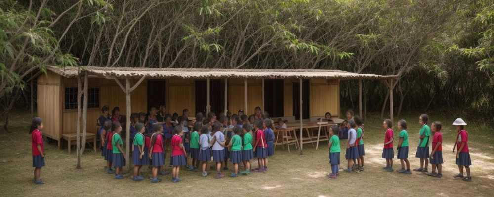 Crianças e educadores engajados em atividades de educação do campo em um ambiente rural, com foco na valorização da cultura local e conexão com a natureza.