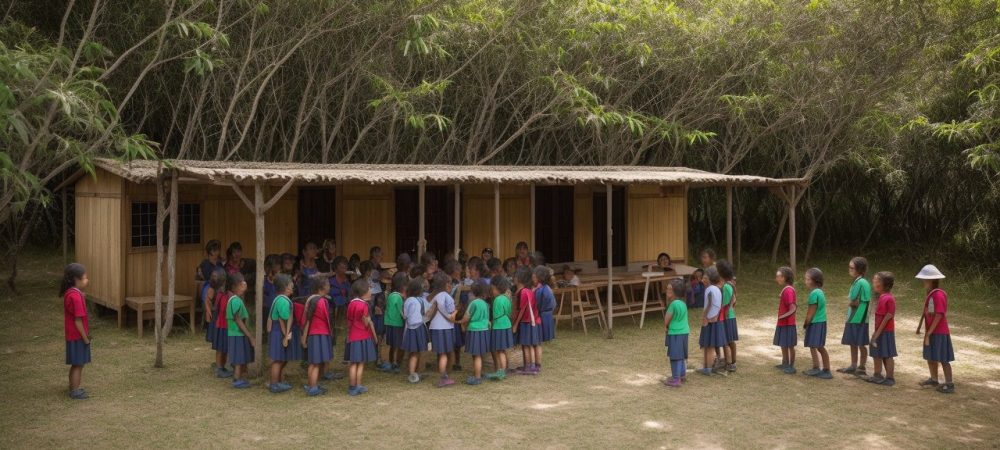 Crianças e educadores engajados em atividades de educação do campo em um ambiente rural, com foco na valorização da cultura local e conexão com a natureza.