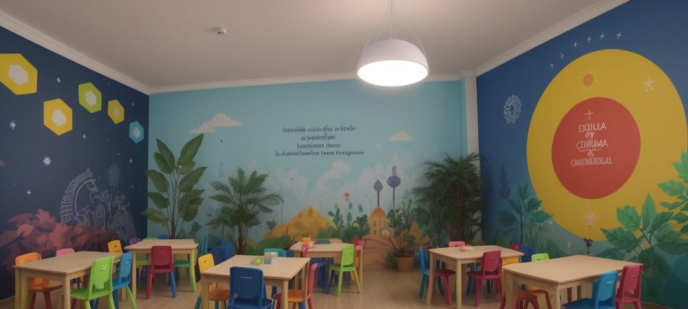 Crianças em sala de aula interativa, utilizando metodologias inovadoras para aprender sobre a relação entre educação e sociedade.