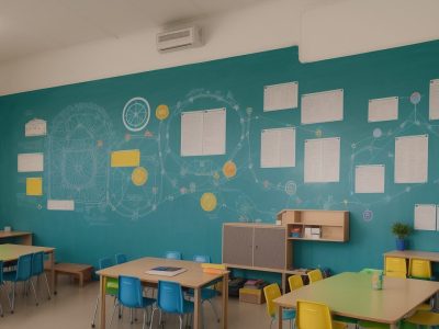 Imagem ilustrando o uso de redes sociais na educação, com alunos interagindo em uma sala de aula moderna e conectada.