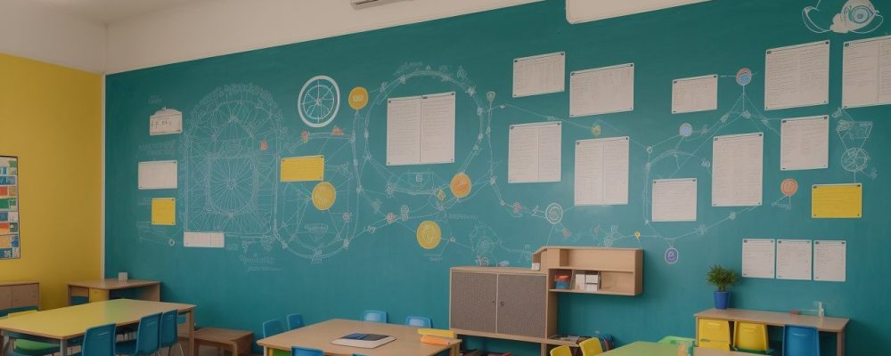 Imagem ilustrando o uso de redes sociais na educação, com alunos interagindo em uma sala de aula moderna e conectada.