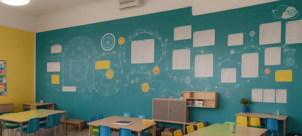 Imagem ilustrando o uso de redes sociais na educação, com alunos interagindo em uma sala de aula moderna e conectada.