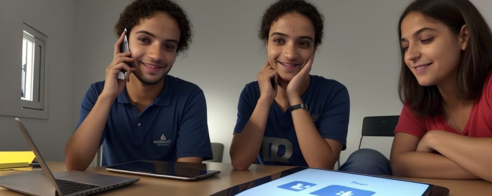 Imagem ilustrativa sobre educação nas redes sociais, mostrando alunos e professores interagindo em um ambiente digital de aprendizado dinâmico e interativo