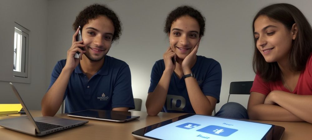 Imagem ilustrativa sobre educação nas redes sociais, mostrando alunos e professores interagindo em um ambiente digital de aprendizado dinâmico e interativo