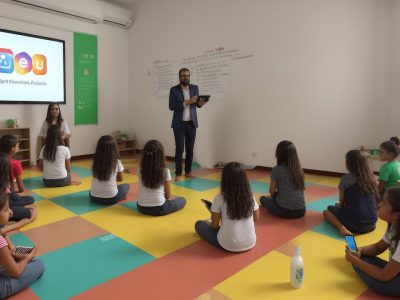Imagem mostrando estudantes interagindo em uma sala de aula, utilizando redes sociais para aprendizado colaborativo e engajamento, com foco em educação nas redes sociais.