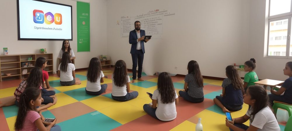 Imagem mostrando estudantes interagindo em uma sala de aula, utilizando redes sociais para aprendizado colaborativo e engajamento, com foco em educação nas redes sociais.