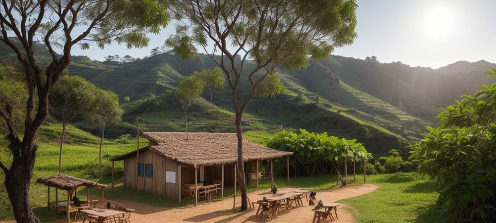 Crianças aprendendo em uma escola rural, com foco em educação ecológica e desenvolvimento sustentável no campo.