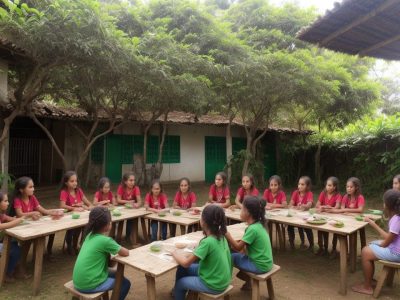 Crianças aprendendo sobre educação no campo e sustentabilidade em uma horta escolar, com foco no desenvolvimento rural.