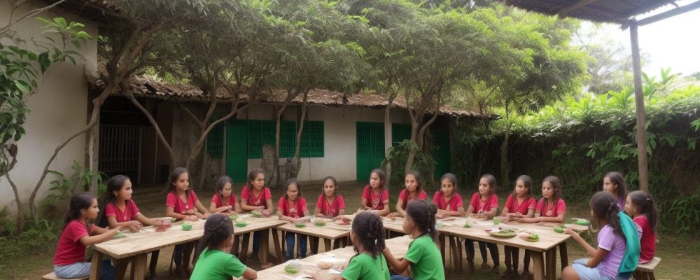 Crianças aprendendo sobre educação no campo e sustentabilidade em uma horta escolar, com foco no desenvolvimento rural.