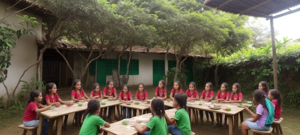 Crianças aprendendo sobre educação no campo e sustentabilidade em uma horta escolar, com foco no desenvolvimento rural.