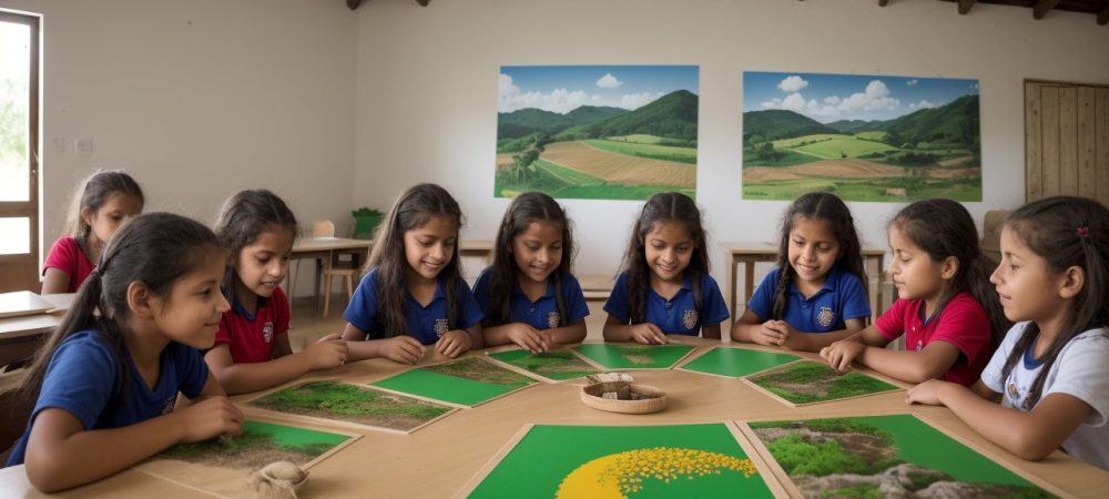 Imagem ilustrativa de educação no campo com crianças aprendendo em sala de aula e práticas de ensino rural