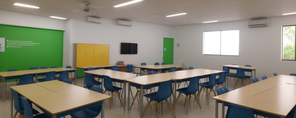 Ilustração de uma sala de aula com alunos aprendendo sobre educação para o trânsito, mostrando segurança e conscientização.