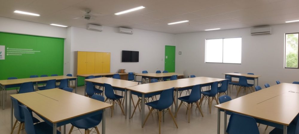 Ilustração de uma sala de aula com alunos aprendendo sobre educação para o trânsito, mostrando segurança e conscientização.