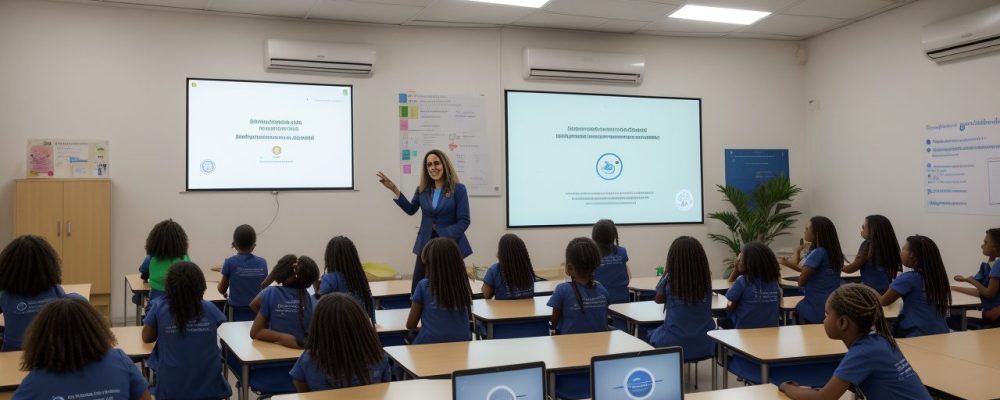 Professora orientando o planejamento de aula com ferramentas digitais e modelos de plano de ensino para educação infantil e ensino fundamental.