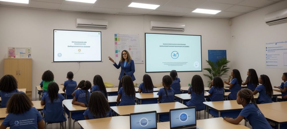 Elaboração de Plano de Ensino: Transformando Aulas com Estratégias Professora orientando o planejamento de aula com ferramentas digitais e modelos de plano de ensino para educação infantil e ensino fundamental.