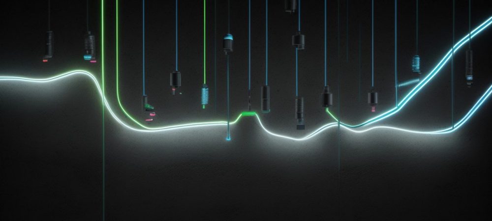 Diagrama de um circuito elétrico complexo com destaque para tensão, corrente e potência, mostrando o funcionamento da eletricidade básica.